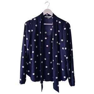 Kasper Blouse Polka Dot Tie Neck Long Sleeve Top Navy Blue White Womens Size S